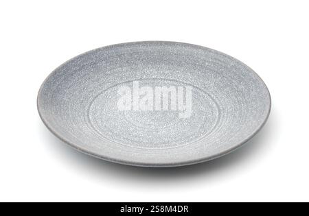 Empty handmade trendy grey ceramic dish isolated on white Stock Photo