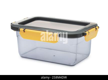 Reusable translucent plastic food container isolated on white Stock Photo