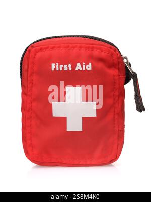 Front view of red first aid bag isolated on white Stock Photo