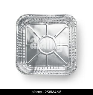 Top view of empty disposable square aluminium food foil container isolated on white Stock Photo
