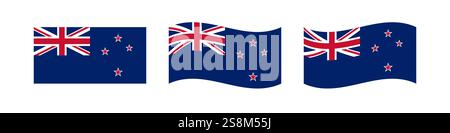 Set of classic and waving flags of New Zealand. Design elements. Clip art collection. Flat and 3D template. Creative NZ flag. Blank concept. Isolated Stock Vector
