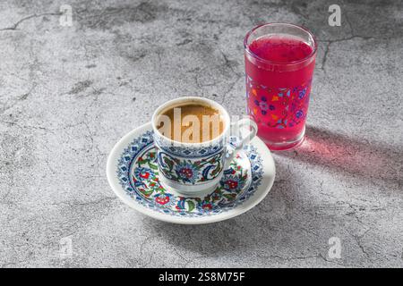 Traditional delicious Turkish coffee or Greek coffee in a classic Turkish Coffee cup Stock Photo