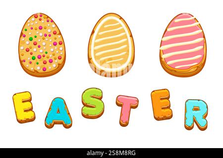 Set of Easter cookies in the form of Eggs. Gingerbread cookies with pastel glaze isolated on white background. A holiday of religion Stock Vector