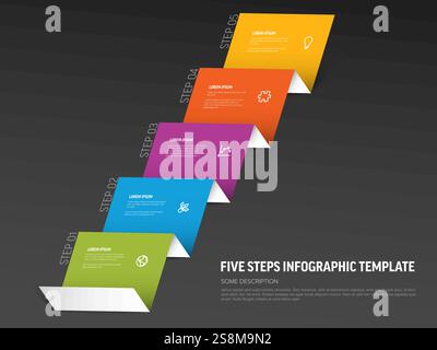 Five-step dark infographic template from folded paper displays sequential information. Each step is marked with distinct colors and icons, enhancing t Stock Vector