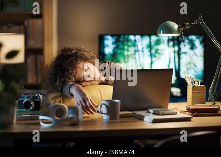 Woman working late at night in her home office, she fell asleep in front of the laptop: burnout, deadlines and insomnia concept Stock Photo