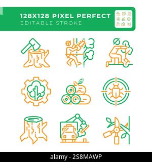 Forestry industry two color line icons set Stock Vector