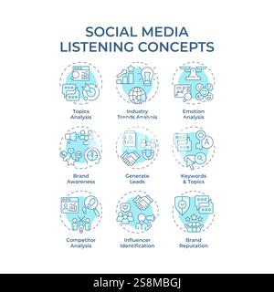 Social media listening soft blue concept icons Stock Vector