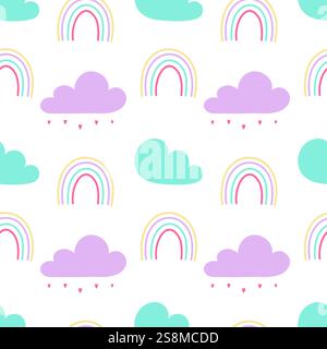 Childrens cheerful pattern with clouds and raindrops, dreams and daydreams, simple pattern with clouds and rainbow. Cute cozy background for children. Stock Vector