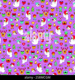 Holiday seamless pattern in cartoon Y2K retro style with Santa Claus, snowman, deer, gifts, surprises. Ornate for printing, wrapping and packaging. Ve Stock Vector