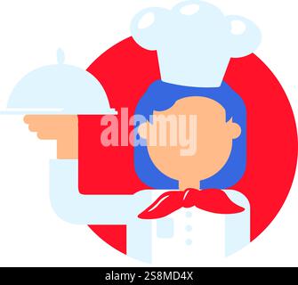 Colorful vector illustration of a French chef in a cap with a dish in a flat cartoon style. A head cook with a tray is delivering some culinary master Stock Vector