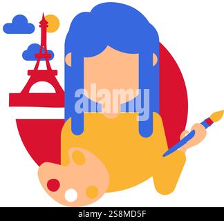 Colorful vector illustration of a french person paints with a brush an image of a landscape with the Eiffel Tower in a flat cartoon style. Spirit of F Stock Vector