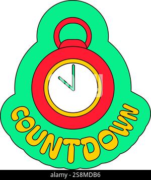 Alarm clock with hands showing countdown to start of holiday. New Year velcro for sticker pack or gift card in old style of 2000. Cartoon Y2K retro st Stock Vector