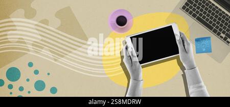 Creative woman working in the office and using a digital tablet, technology and business concept, art collage with copy space Stock Photo