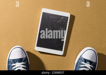 Broken cracked digital tablet and young man feet, he just dropped his device and it needs repair, point of view shot Stock Photo