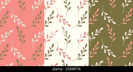 Botanical textile patterns, set herbal patterns with twigs in pastel pink colors. Vector illustration Stock Vector