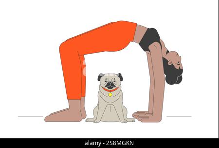 Yoga bridge pose with pug dog companion cartoon flat illustration Stock Vector