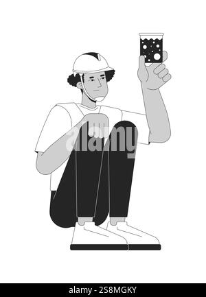 Hispanic male worker inspecting water sample in beaker black and white 2D line character Stock Vector
