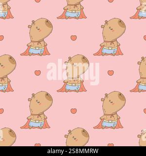 Romantic Superhero Capybara Seamless pattern. Cute Cartoon kawaii animal in red cloak on pink background with valentines hearts. Vector illustration. Stock Vector