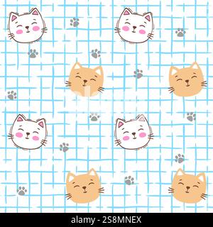 Seamless pattern. Sly cat faces and cat paw prints on grid background, sketch style illustration Stock Vector