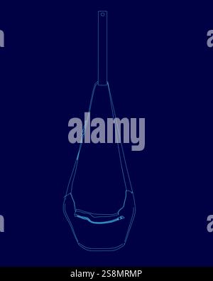 Blue drawing of a purse with a strap hanging down. The purse is shown in a blue drawing Stock Vector