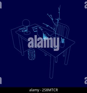 Blue drawing of a desk with a laptop, a vase, a lamp, and a trash can. The desk is empty, but it has a laptop on it, which suggests that someone might Stock Vector