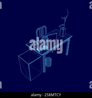 Blue computer desk with a chair and a vase of flowers on it. The desk is cluttered with books, a laptop, and a mouse Stock Vector