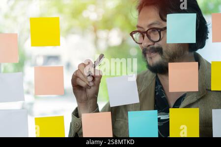 Happy creative Asian man reading and writing sticky notes on glass wall. Selective focus, copy space. Stock Photo