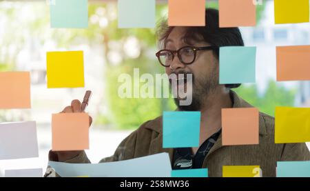 Portrait of smiling businessman in office. Handsome businessman get a new idea and successful working at office. Idea concept. Stock Photo