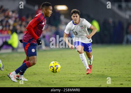 Orlando, Florida, USA. 22nd Jan, 2025. Orlando, FL:  United States forward Caden Clark (23) looks to steal the ball from Costa Rica defender Ryan Bolaños (6) during an International Friendly game, Wednesday, January 22, 2025, at Inter&Co Stadium. The US Mens National Team beat Costa Rica 3-0. (Kim Hukari/Image of Sport) Credit: Image of sport /Alamy Live News Stock Photo