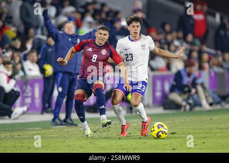 Orlando, Florida, USA. 22nd Jan, 2025. Orlando, FL:  Costa Rica defender Joseph Mora (8) steals the ball from United States forward Caden Clark (23) during an International Friendly game, Wednesday, January 22, 2025, at Inter&Co Stadium. The US Mens National Team beat Costa Rica 3-0. (Kim Hukari/Image of Sport) Credit: Image of sport /Alamy Live News Stock Photo