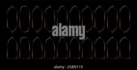 Gold Islamic windows. Arabic golden arch, Ramadan Kareem frames. Eid Mubarak oriental mirror borders, Arabian architecture door and gate. Vector isolated set. Stock Vector