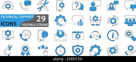 Technical support icon set. Set of icons related to technical, setup, repeart, business. Set icon collection. Technical support icons collection. Edit Stock Vector