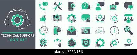 Technical support icon set. Set of icons related to technical, setup, repeart, business. Set icon collection. Technical support icons collection. Edit Stock Vector