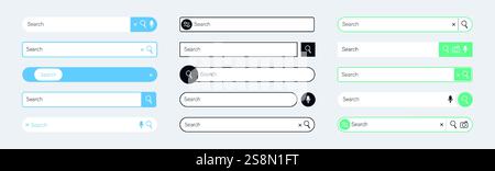 Search panel. Internet search bar web icons. Simple browser and web site user interface elements. Vector navigation bar UI with text field templates set. Stock Vector