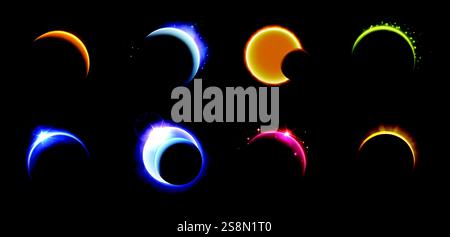 Solar eclipse. Light circles with planet edge, moon neon flare, space elements. Magic galaxy rings, star eclipses realistic effect. Vector outer space set. Stock Vector