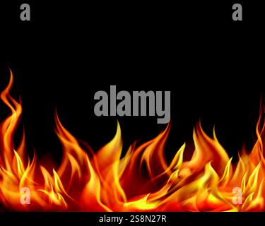 Realistic fire background. Flame overlay border, flaming frame with copy space and glow. 3D hot red bonfire. Vector fire illustration, burning banner, flare effect. Stock Vector