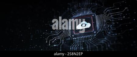 Cloud Enabling Scalable Solutions for Data Storage Illustrated on a Processor Touched by a Human Hand. Stock Photo