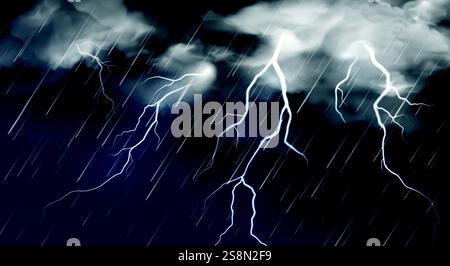 Realistic rain with lightning. Thunderclouds and lightnings on dark sky. Rainy thunderstorm autumn weather. Thunderbolts in overcast sky vector background. Stock Vector