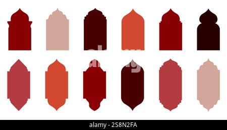 Ramadan kareem windows. Islamic door and window ornament silhouette with arch in Arabic style. Mosque gate frames isolated. Ramadan oriental elements vector set. Stock Vector