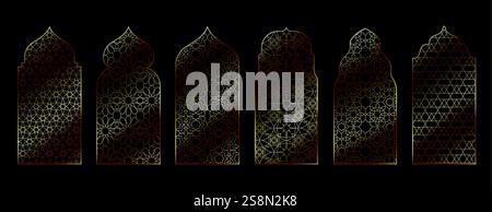 Ramadan islamic windows. Arabic golden mosque window with traditional Muslim oriental patterns, Ramadan Kareem gate doors. Vector retro architectural isolated set. Stock Vector