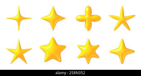 Stars y2k 3d. Golden yellow star shapes in futuristic style. Abstract glossy metal stickers. Vector isolated retro aesthetic trendy realistic elements with reflections. Stock Vector