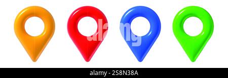 3d map pins. Realistic geo tag red, blue and yellow, green color pin for map, front view. Travel app navigation gps location vector isolated icons set. Stock Vector