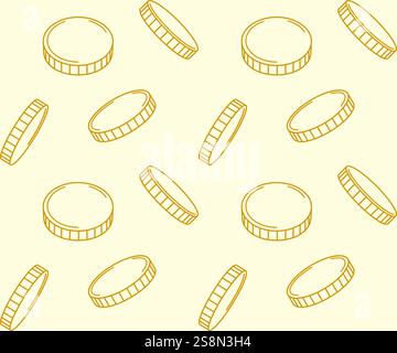 Doodle coins seamless pattern. Golden sketch coins, line cash money symbols. Investment and banking, cashback and casino gambling, deposit saving vector business texture. Stock Vector