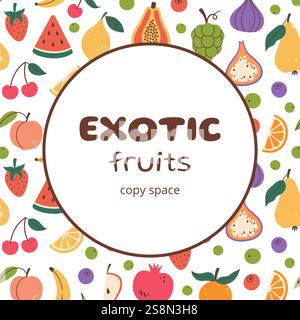 Exotic fruits round frame in doodle style. Circular copy space with fruits pattern background. Hand drawn Fruits circle border. Circular copy space template. Vector illustration isolated on white. Stock Vector