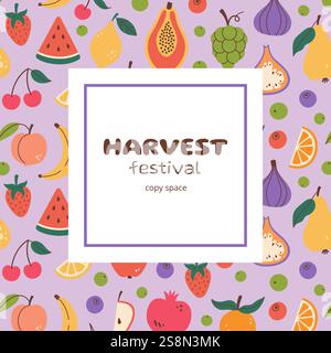 Fruit harvest festival design. Square frame with fruit pattern background in doodle style. Hand drawn Fruits Square border banner. Square copy space template. Vector illustration isolated on white. Stock Vector