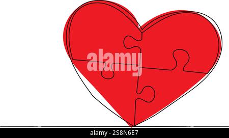 puzzle heart sketch continuous line drawing, vector Stock Vector
