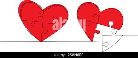 heart with puzzle sketch continuous line drawing, vector Stock Vector