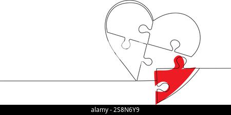 puzzle heart continuous line drawing, vector Stock Vector