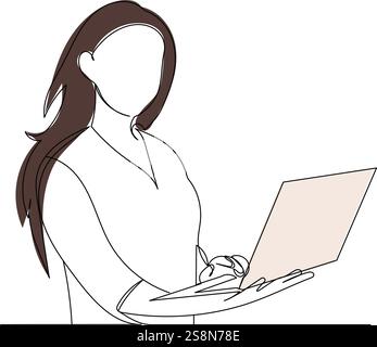 girl with laptop sketch continuous line drawing, vector Stock Vector