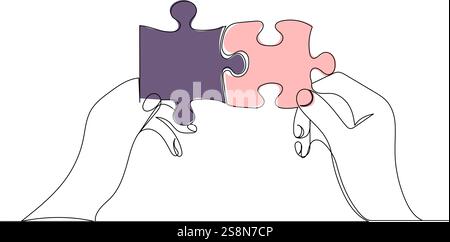 hands holding puzzle sketch continuous line drawing, vector Stock Vector
